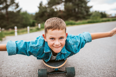 Young boy riding longborad while lying on it.の写真素材