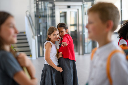 Schoolgirls interacting in a school hallway.