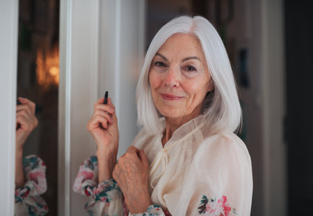 Senior woman applying makeup in front of mirror.