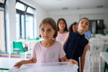 Kids in school canteen waiting for lunch, holding tray.