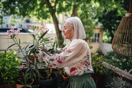 Senior woman standing on balcony, taking care of plants.の写真素材
