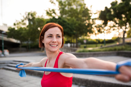 Young woman doing exercise outdoors in city with elastic bands.の写真素材
