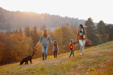 A portrait of young family with two small children in autumn nature at sunset.の写真素材
