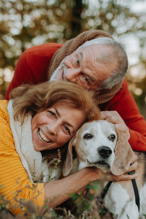 Elderly man and woman walking their dog in nature on autumn day.の写真素材