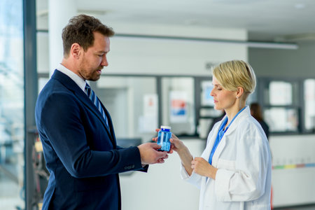 Doctor and pharmaceutical representative talking about new drug, clinical setting.の写真素材