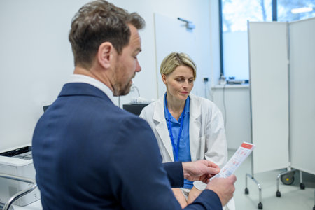 Pharmaceutical sales representative introducing new medication to female doctor.の写真素材