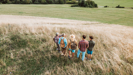 Aerial view of multigenerational family on hiking trip in nature.の写真素材