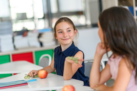 Schoolgirl in canteen eating fruit during snack break.の写真素材