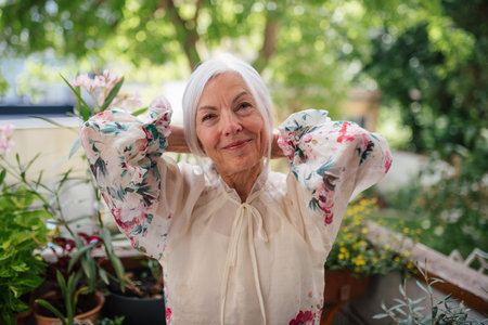 Portrait of beautiful senior woman standing on balcony.