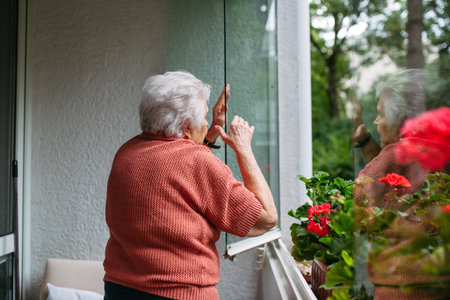 Elderly woman closing window in apartment.の写真素材
