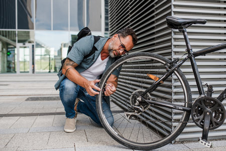 Man fixing bicycle wheel outdoors.の写真素材