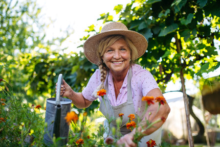 Smiling senior woman watering flowers in garden.の写真素材