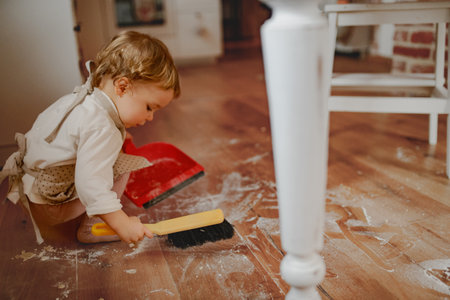 Little girl cleaning up flour mess in kitchen.