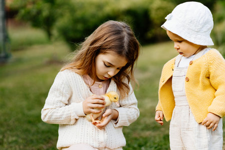 Older sister showing little ducklings to toddler girl.の写真素材
