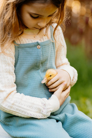 Young girl in garden playing with baby duckling.の写真素材