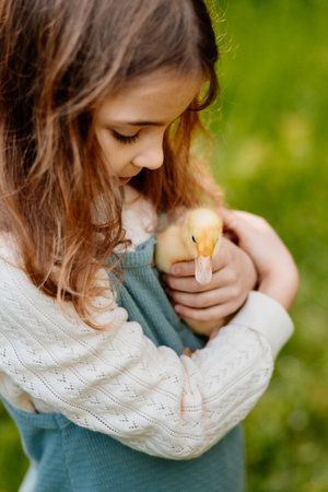 Lovely girl cuddling baby duckling.の写真素材