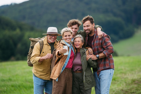 Family taking selfie on hiking trip in the nature.の写真素材