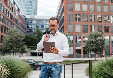 Businessman in front of office building, holding tablet and reading something.の写真素材