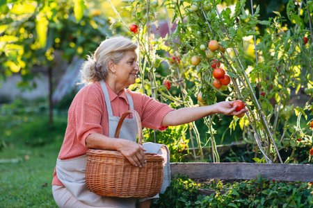 Smiling elderly gardener harvesting fresh tomato in garden.の写真素材