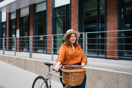 Female city commuter walking with bike.の写真素材