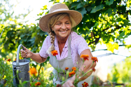 Smiling senior woman watering flowers in garden.の写真素材