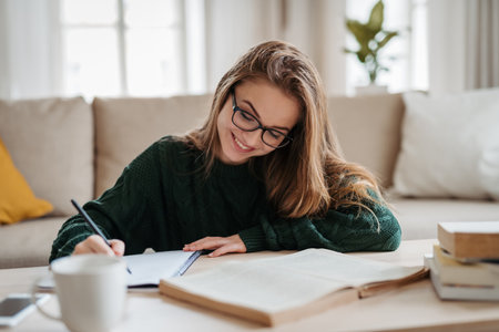 Young female student sitting on floor and studying.の写真素材