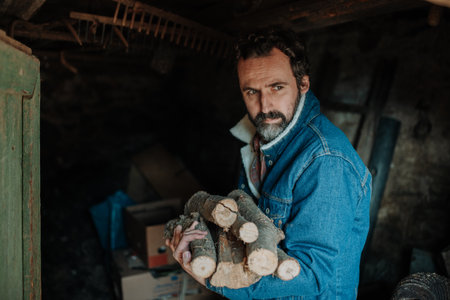 Despaired man carrying firewood for heating at home.の写真素材