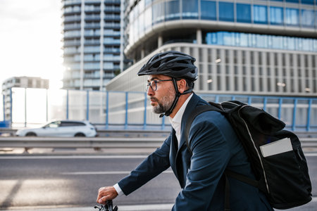 Man riding bike to work in city with helmet and backpack