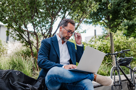 Manager working in urban park, typing on laptop.の写真素材