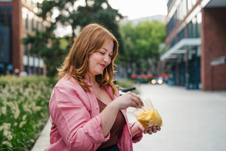 Plus size woman holding potato chip.の写真素材