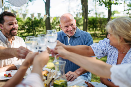 Multigenerational family toasting during outdoor barbecue party.の写真素材