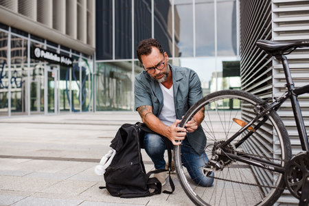 Man fixing bicycle wheel outdoors.の写真素材
