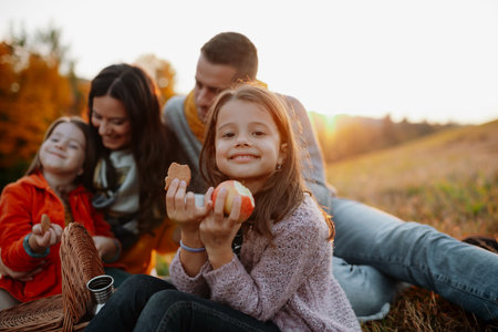 Parents with young children sitting outdoors in autumn light.