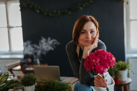 Smiling female florist working in her small flower shop.の写真素材