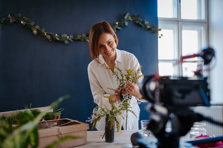 Content creator recording video tutorial for social media.の写真素材