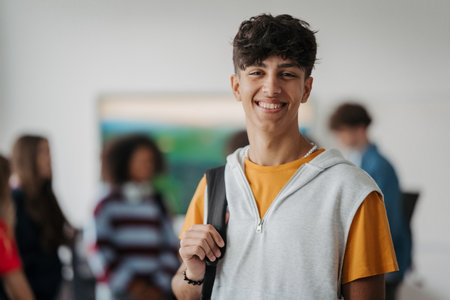 Confident teen student in a modern setting.の写真素材