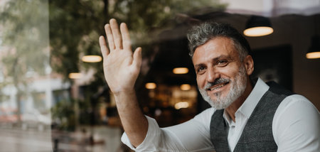 Portrait of man sitting in coffee shop, greeting someone behind window.の写真素材