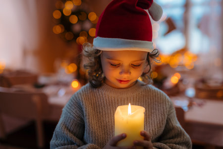 Small girl with santas hat during Christmas, holding candle.の写真素材