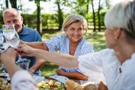 Multigenerational family toasting during outdoor barbecue party.の写真素材