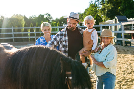 Farmer family standing in horse paddock with pony.の写真素材
