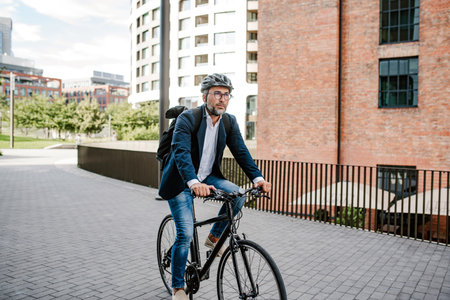 City commuter riding bike to office, wearing backpack and helmet.の写真素材