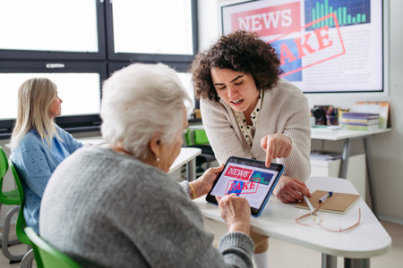 Volunteer teaching seniors how to recognize fake news on digital tablet.の写真素材