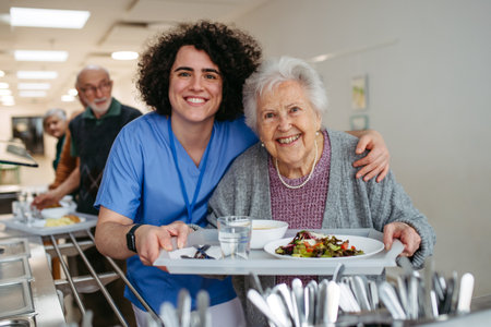 Senior woman having lunch with supportive caregiver in community center cafeteria.の写真素材