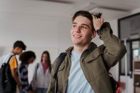 Confident teen student standing in modern classroom.の写真素材