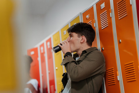 Teen student drinking an energy drink in school hallway.の写真素材
