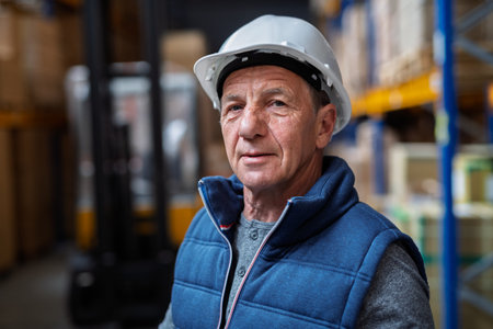 Portrait of mature warehouse worker with helmet.の写真素材