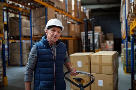 Older male warehouse worker pulling a pallet truck.の写真素材