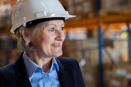 Older female warehouse manager or supervisor with helmet.の写真素材