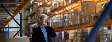 Banner of older industry of warehouse manager making phone call.の写真素材