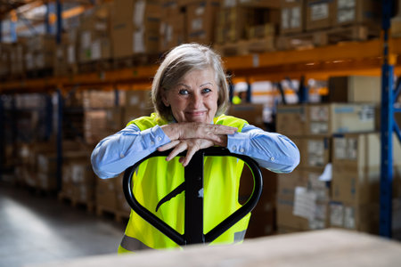 Senior woman manager or supervisor standing in a warehouse, arms crossed.の写真素材